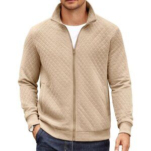 COOFANDY Men Khaki  Mock Neck Quilted Lightweight Sweater Jackets with Pocket